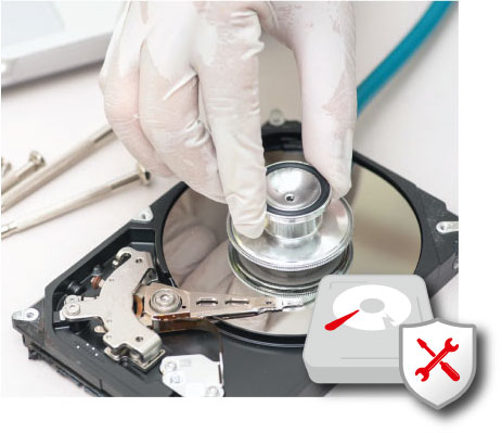 hand with latex gloves and a stethoscope checking on a technology hard drive