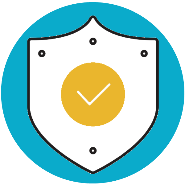 blue circle icon with white shield in center with yellow circle with white check mark in middle