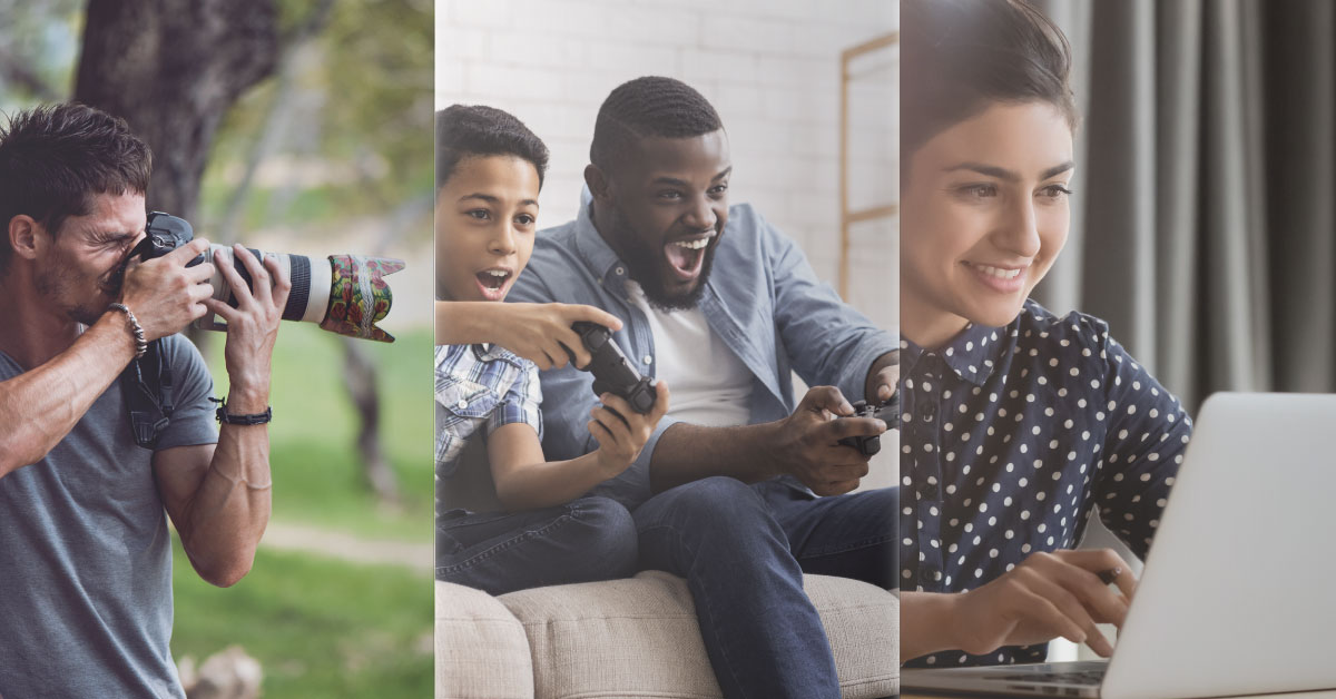 picture collage of photographer, son and father playing video games, woman on her laptop