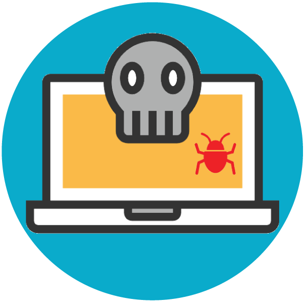 blue circle icon with laptop with a skull and bug to represent ransomware attack