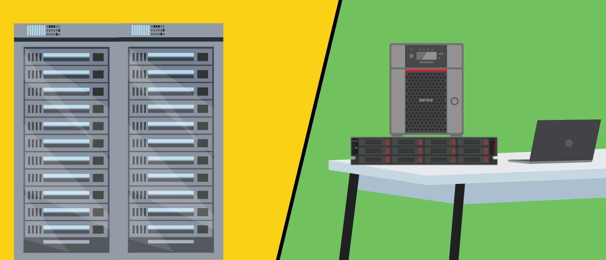 large enterprise infrastructure storage system on left and buffalo nas network attached storage terastation with laption on right